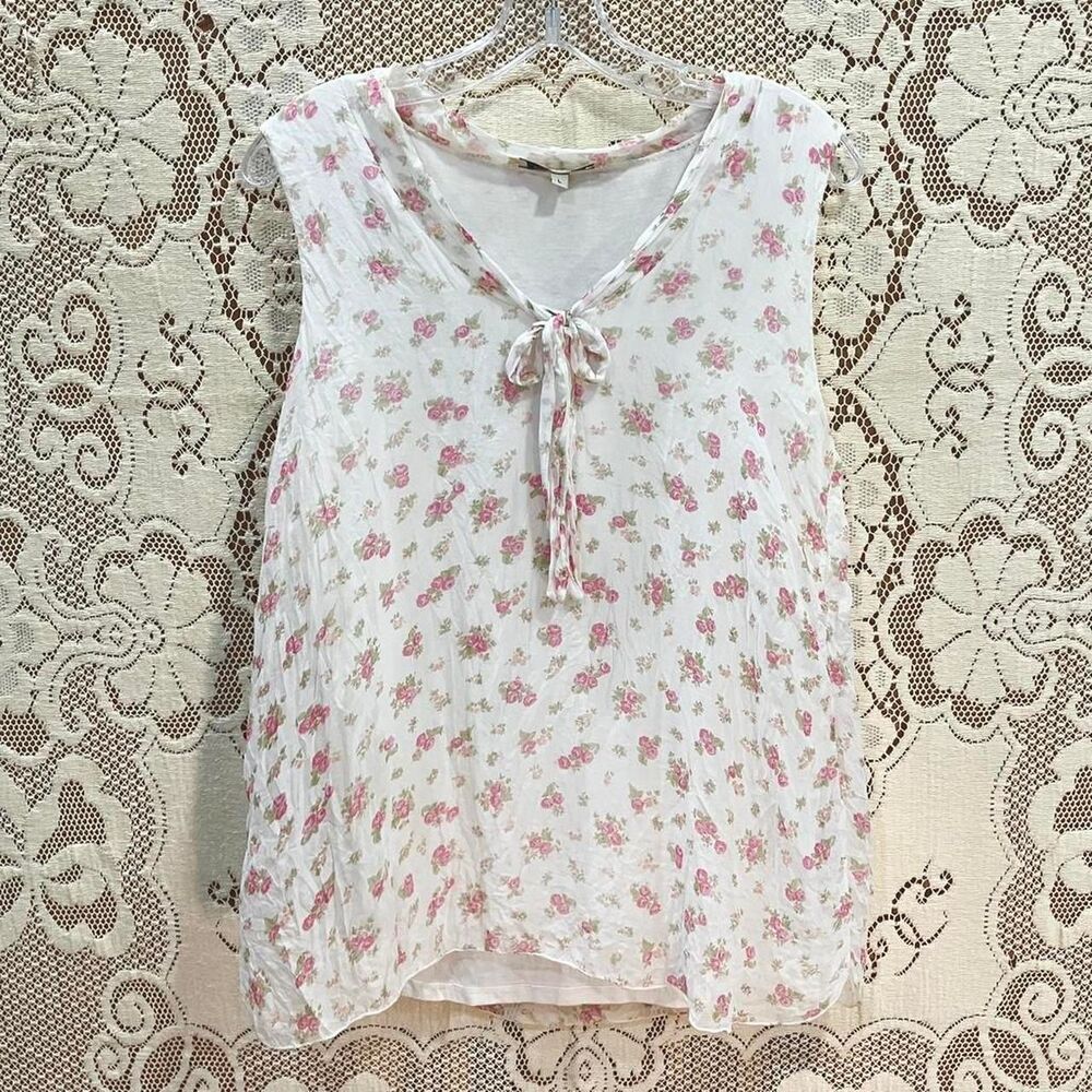Via Signoria Silk Women's White and Pink Floral Blouse with Bow, Coquette
